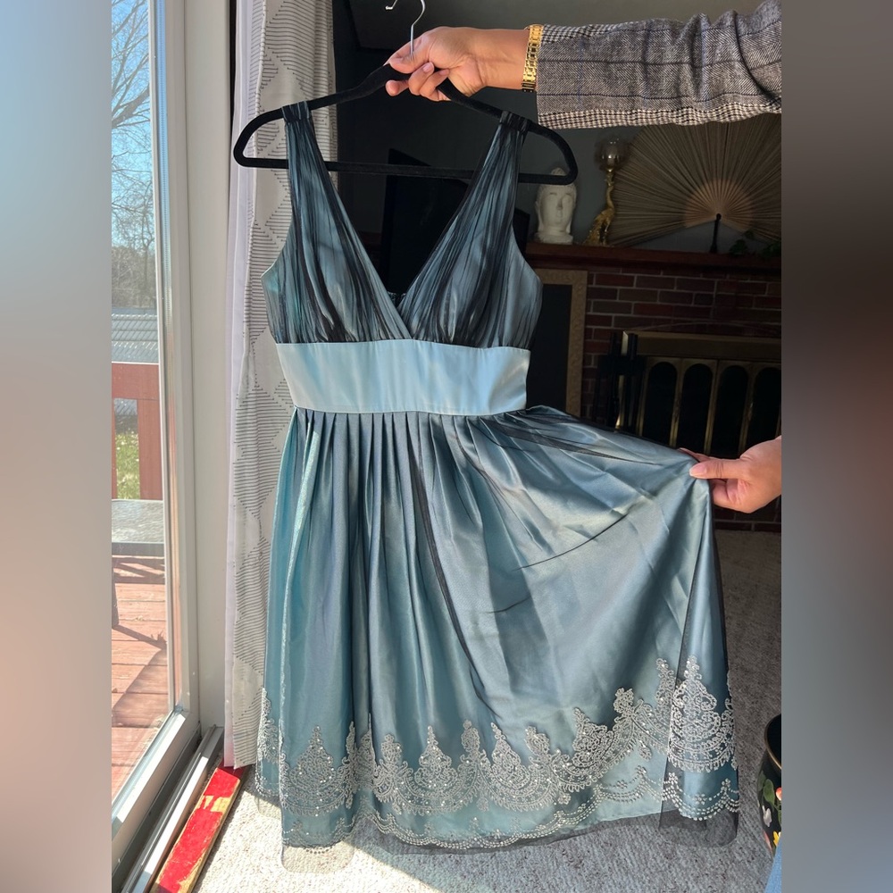 David's Bridal Black and Blue Mesh Dress